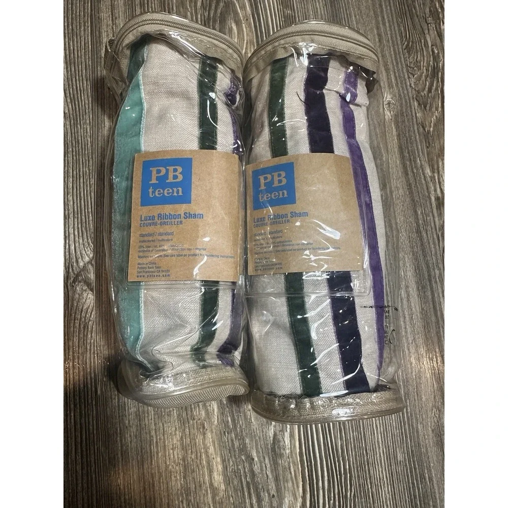 PB Teen Luxe Ribbon Pillow Shams 2 Purple Green  Linen Striped Pottery Barn